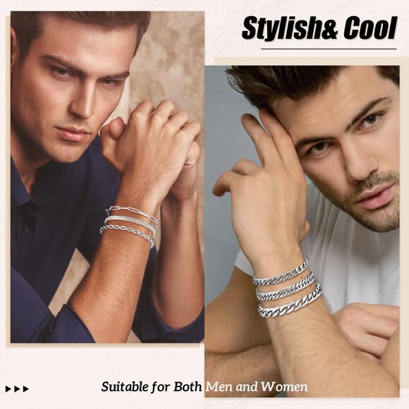 6Pcs Stainless Steel Bracelets for Men Cuban Link Rope Paperclip Chain Bracelets - Picture 4 of 7